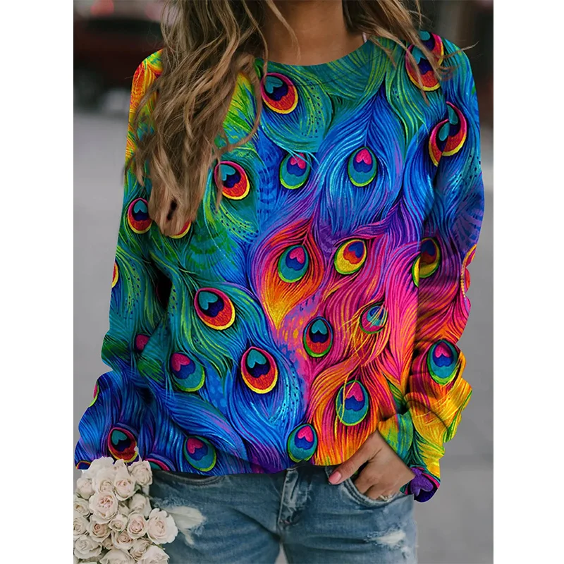 

Autumn New 3D Peacocks Feather Printed Sweatshirts Women Cute Animal Peacocks Graphic Pullovers Winter Harajuku Clothes Pullover