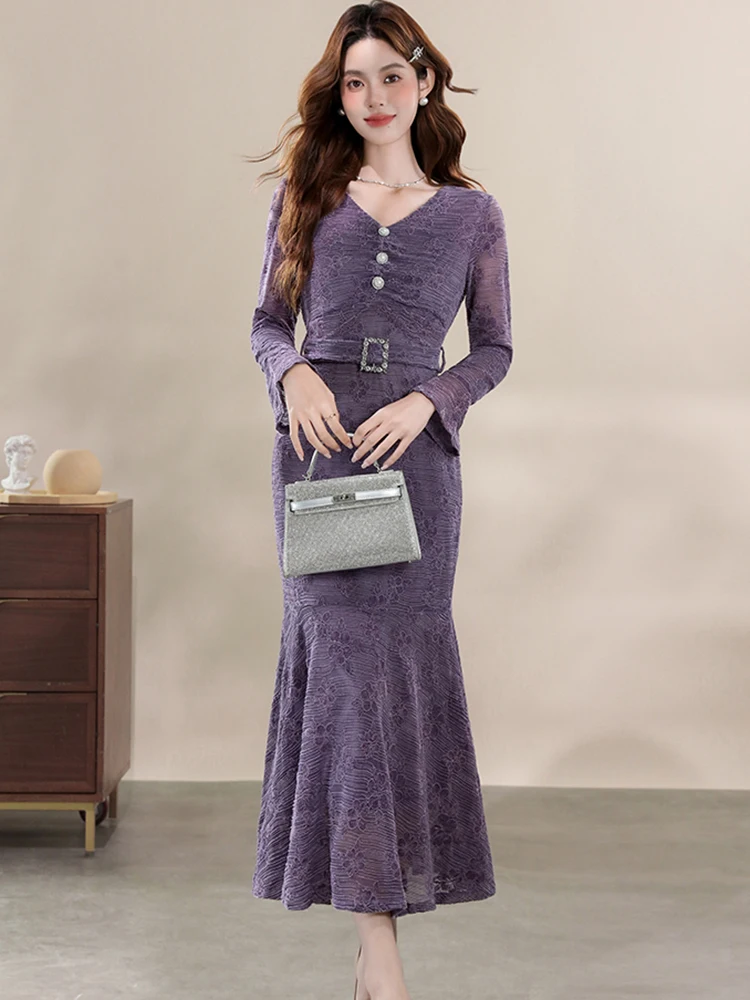 2025 Purple Lace Jacuqard Floral Bandage Dress Women Elegant Ruffled Luxury Long Dress Autumn Winter Korean Vintage Party Dress