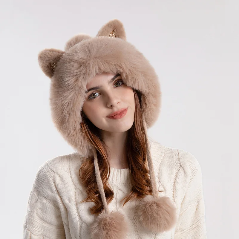

COKK Winter Hats For Women Cartoon Cat Ear Velvet Keep Warm Knitted Beanie With Faux Fur Pompom Winter Cap Female New