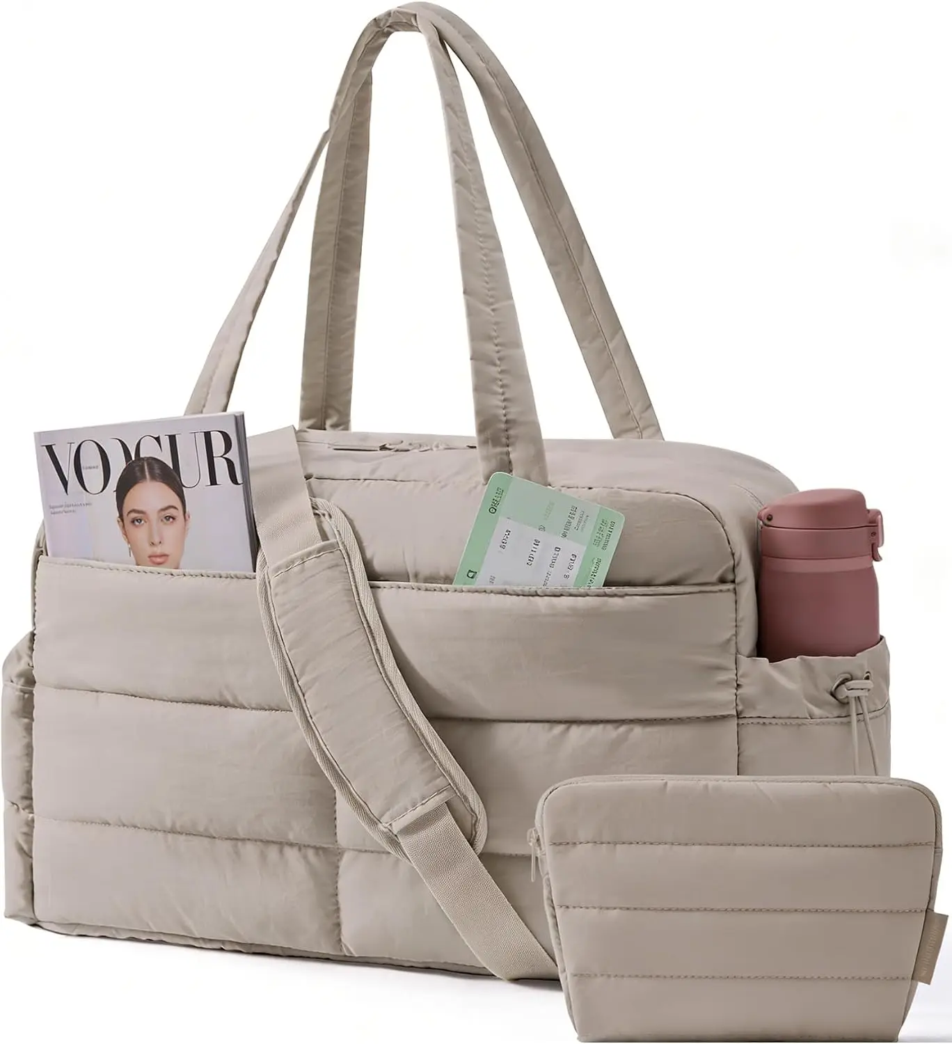 Bolsa de Gimnasio para Mujer, Bolsa de Viaje Ligera Acolchada de 2 Piezas, Bolsa de Fin de Semana de 31L, Bolsa de Mano Acolchada, Bolsa para Pañales, Hospital, Baile, Viajes, Gimnasio, Resistente al Agua, Color Camel