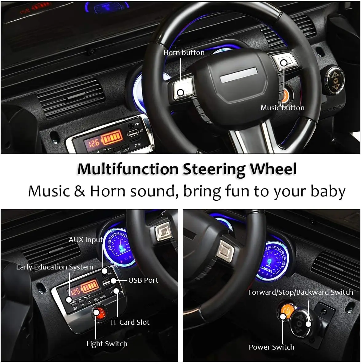 Caminhão infantil, carro de brinquedo elétrico alimentado por bateria de 12V com controle remoto parental, suspensão de mola, luzes LED, música, 4 W