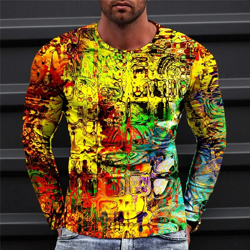 Optical Illusion Pattern T-Shirt For Men Colorful 3D Printed T Shirts Summer Casual Harajuku Loose Tees O-Neck Tops Long Sleeves