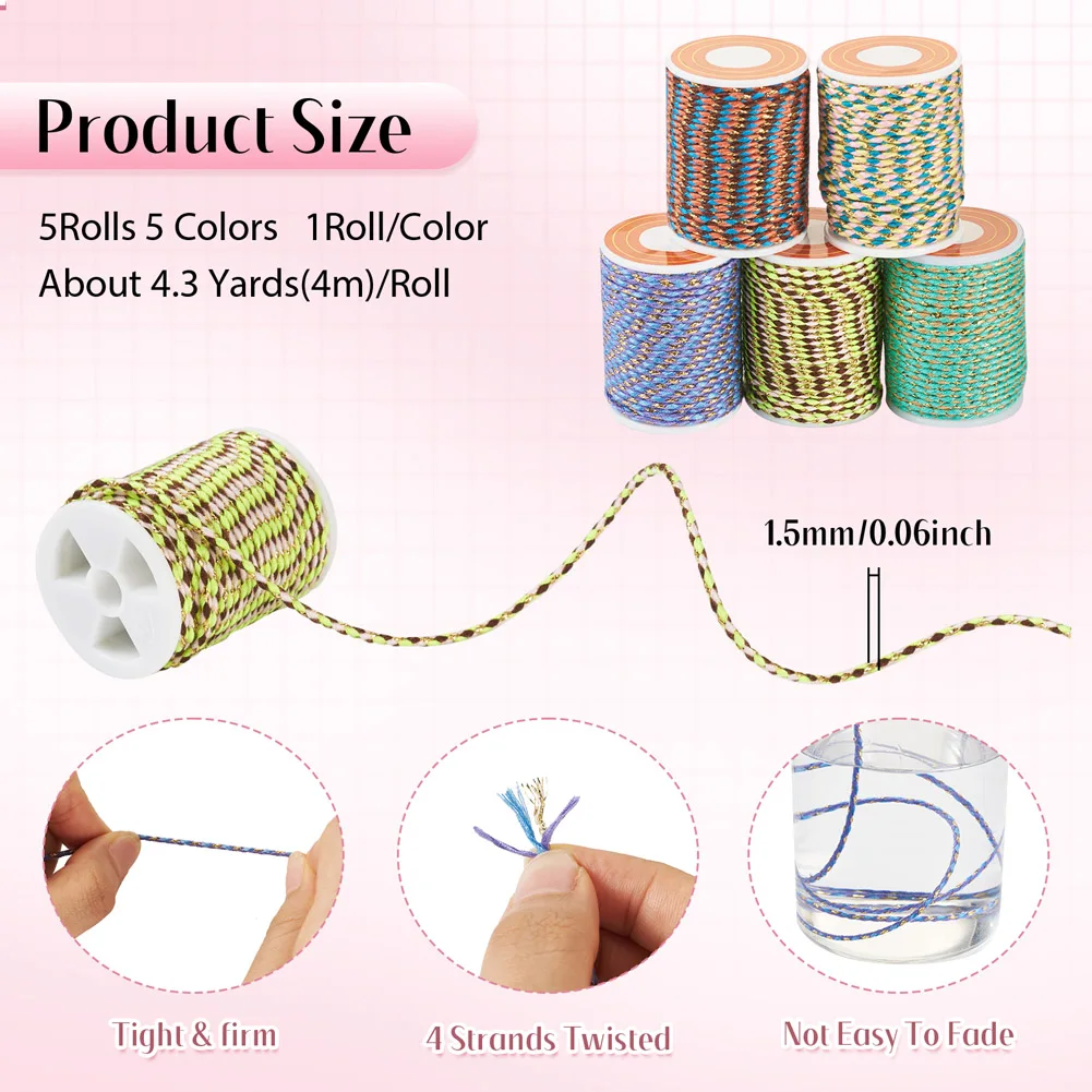 5Roll/Set Handmade Macrame Cotton Rope 4-Ply Polycotton Cord DIY Knitting String for Jewelry Wall Hangings Plant Hanger Craft