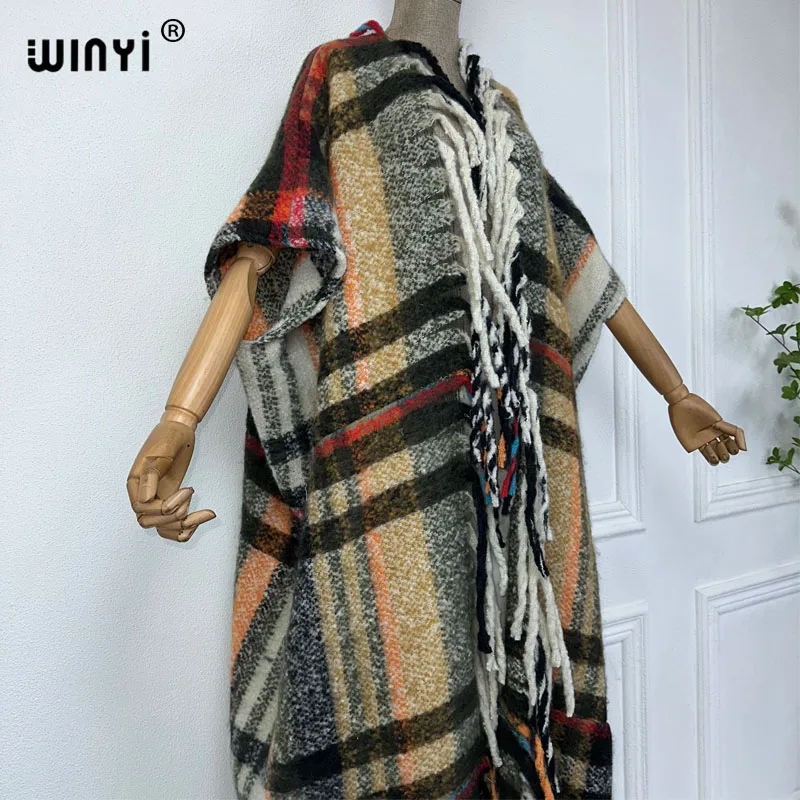 WINYI winter coat for women Africa Plaid print tassels Luxury Long Fur Loose OverCoat Thick Warm long down coat fashion cardigan