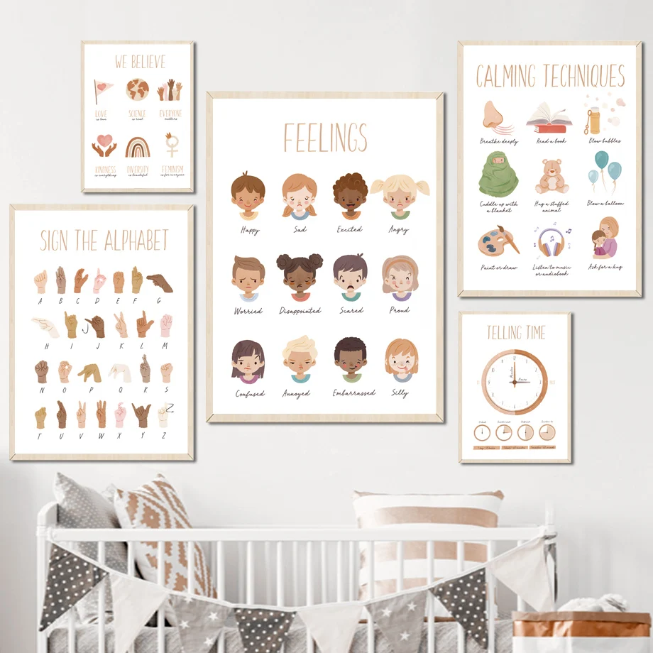 Alphabet Feeling Schedule Sign Language Digital Wall Art Canvas Painting Nordic Posters And Prints Wall Pictures Kids Room Decor