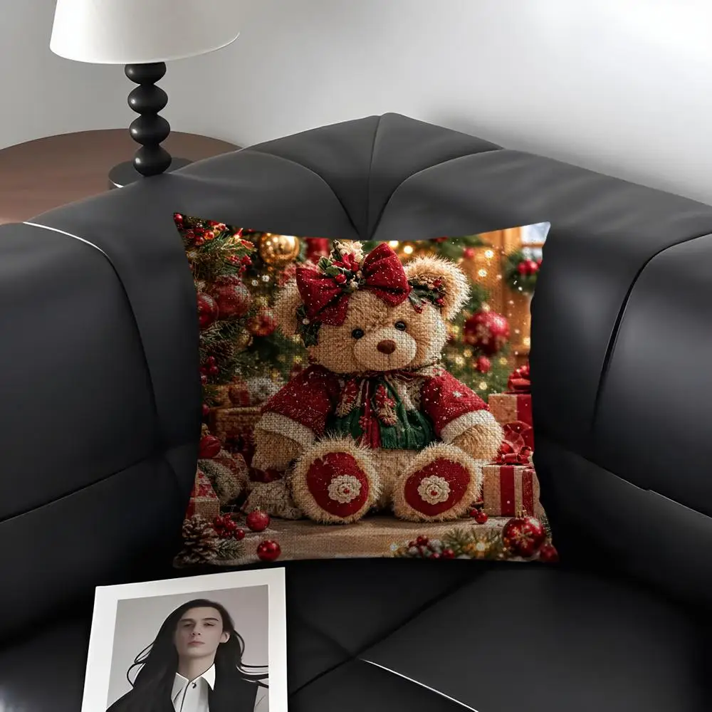 Christmas Teddy Bear Cushion Cover Natural Linen Organic Fabric Double-Sided Printing Breathable Perfect Gift For Decor