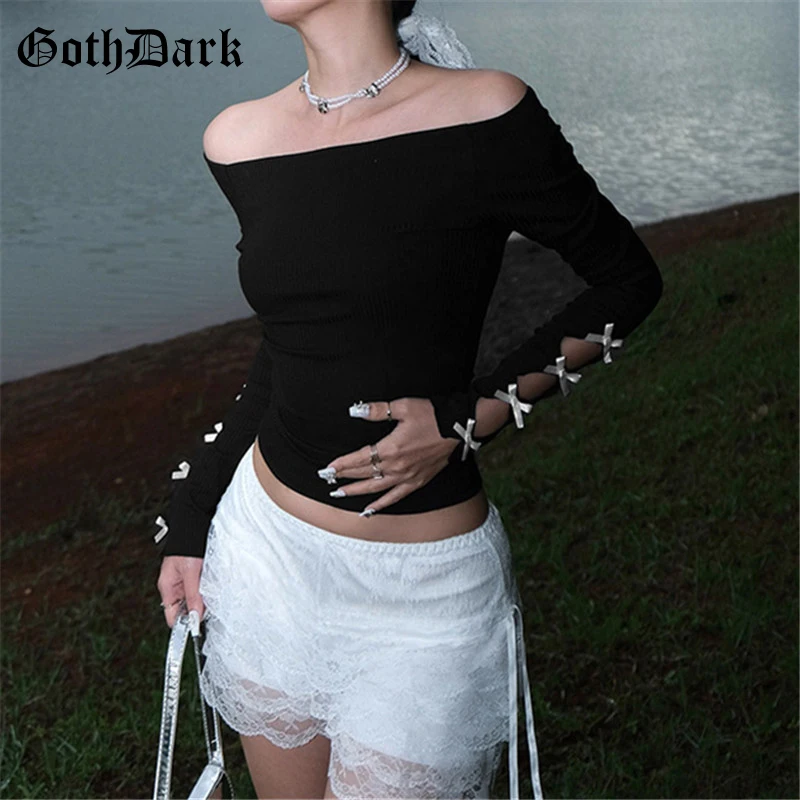 Goth Dark Cyber Y2K Techwear Acubi Fashion Bow Hollow Out Sleeve T-shirt Sexy Off Shoulder Slim Tops Women 90s Grunge T-shirts