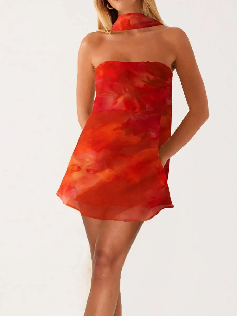 

Red Abstract Print Strapless Mini Dress with Scarf Neckline