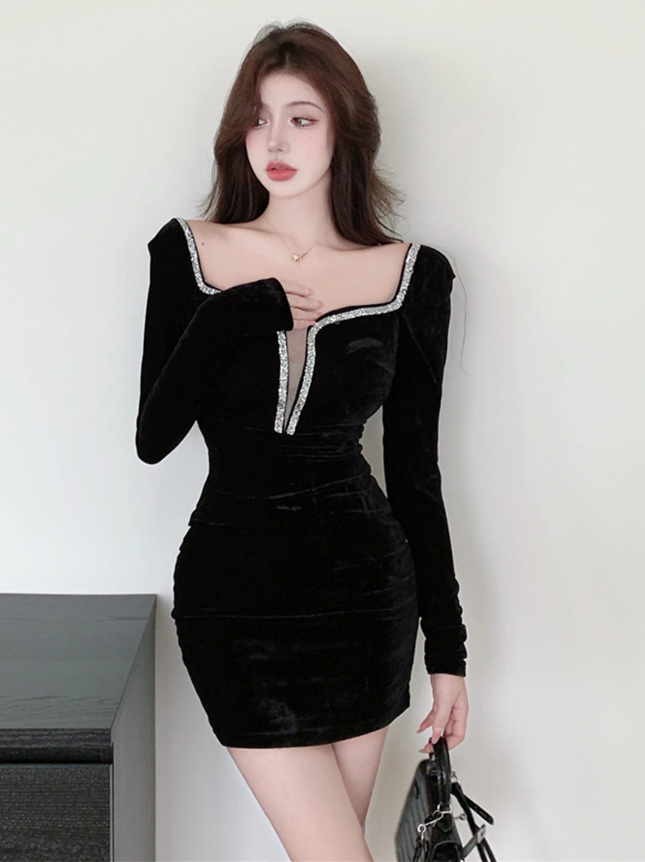 

Sexy Long Sve Velvet Dr Women's Autumn Winter New High Waist Slim Fit Square Collar ort Skirt Korean Sle Commute Wind