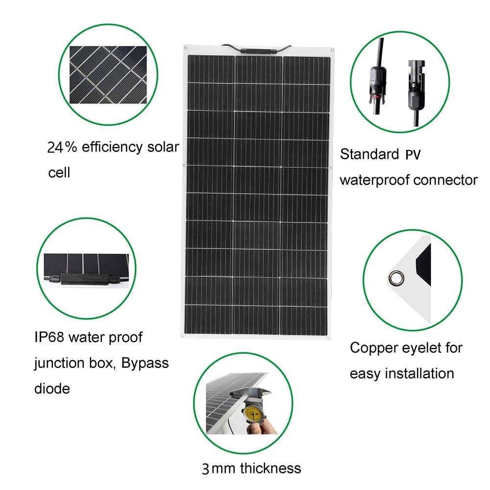 200W / 240W / 300W Monocrystalline Flexible Solar Panel Kit, PET OR ETFE 12V Off‑Grid Solar Power System with Charge Controller,