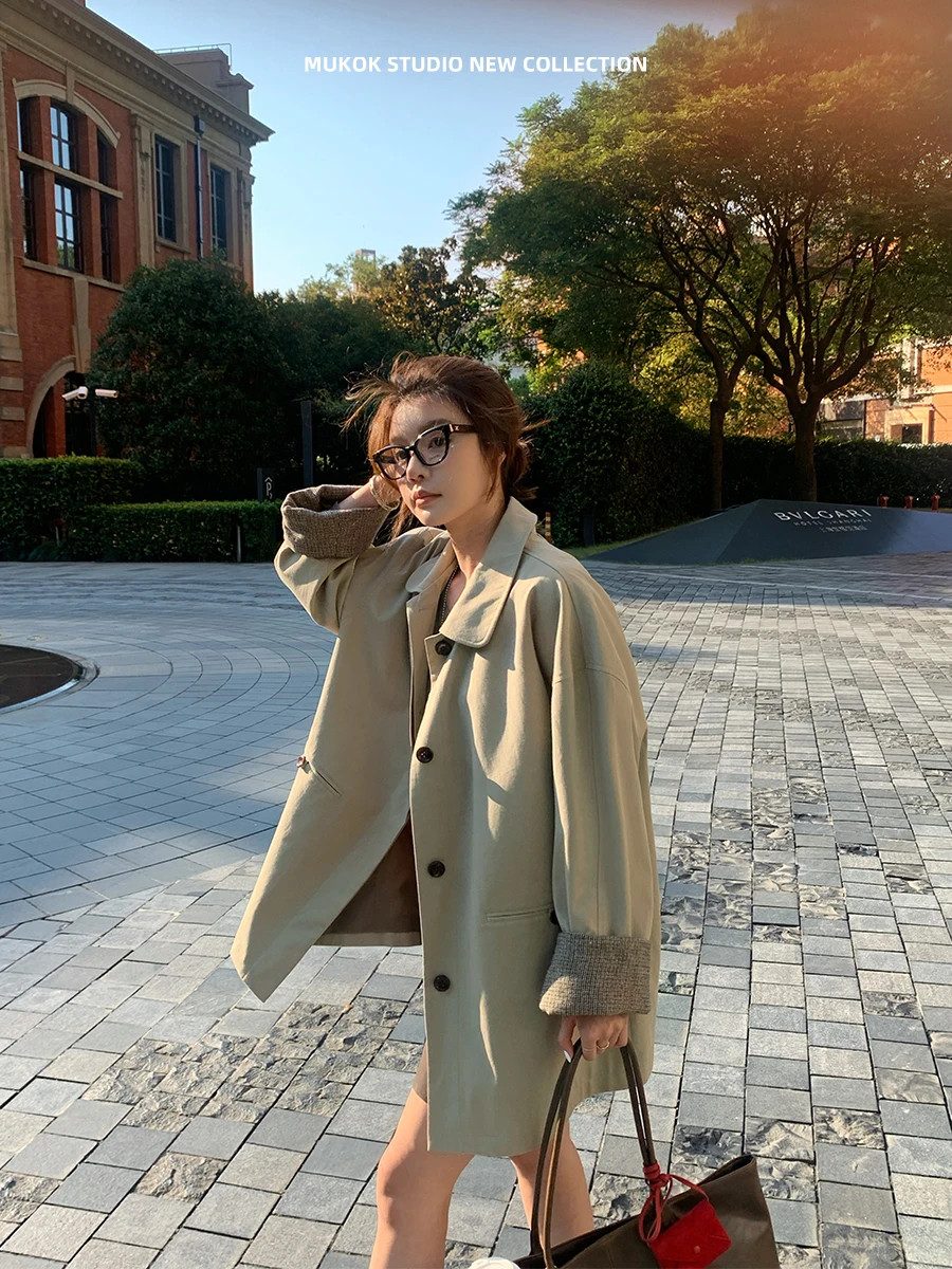 

MUKOK Briti Sle Faion Loose Coat Small Size Flip Collar Women's Autumn Medium Length Single Button Pure Color Windbreaker