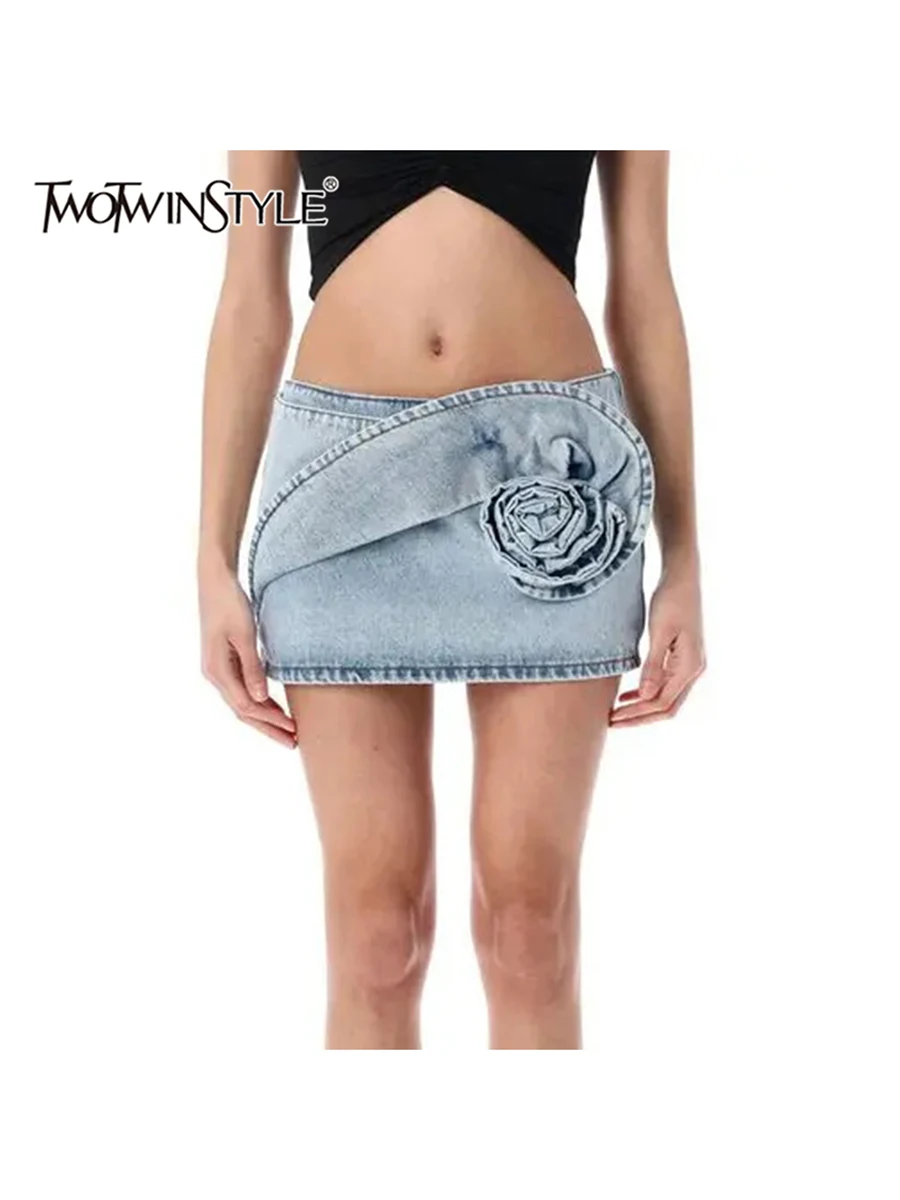 

TWOTWINSTYLE Solid Slimming Spliced 3D Flower Cowboy Skirts for Women High Waist Temperament Mini Skirt Female Fashion Clothing