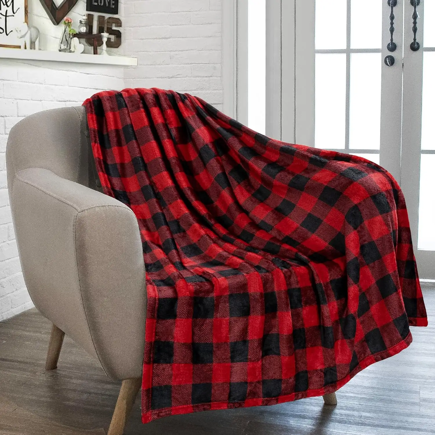 Black and Red Plaid Flannel Throw Blanket Warm Soft Checkered Plaid Christmas Couch Warm Cozy Decorative Decor Gift
