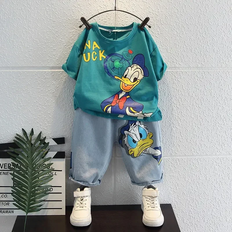 2024 Summer Baby Boys Cotton Clothing Sets Kids Cute Cartoon Donald Duck T-shirt + Jeans 2Pce Suits Childrens Tracksuits Clothes