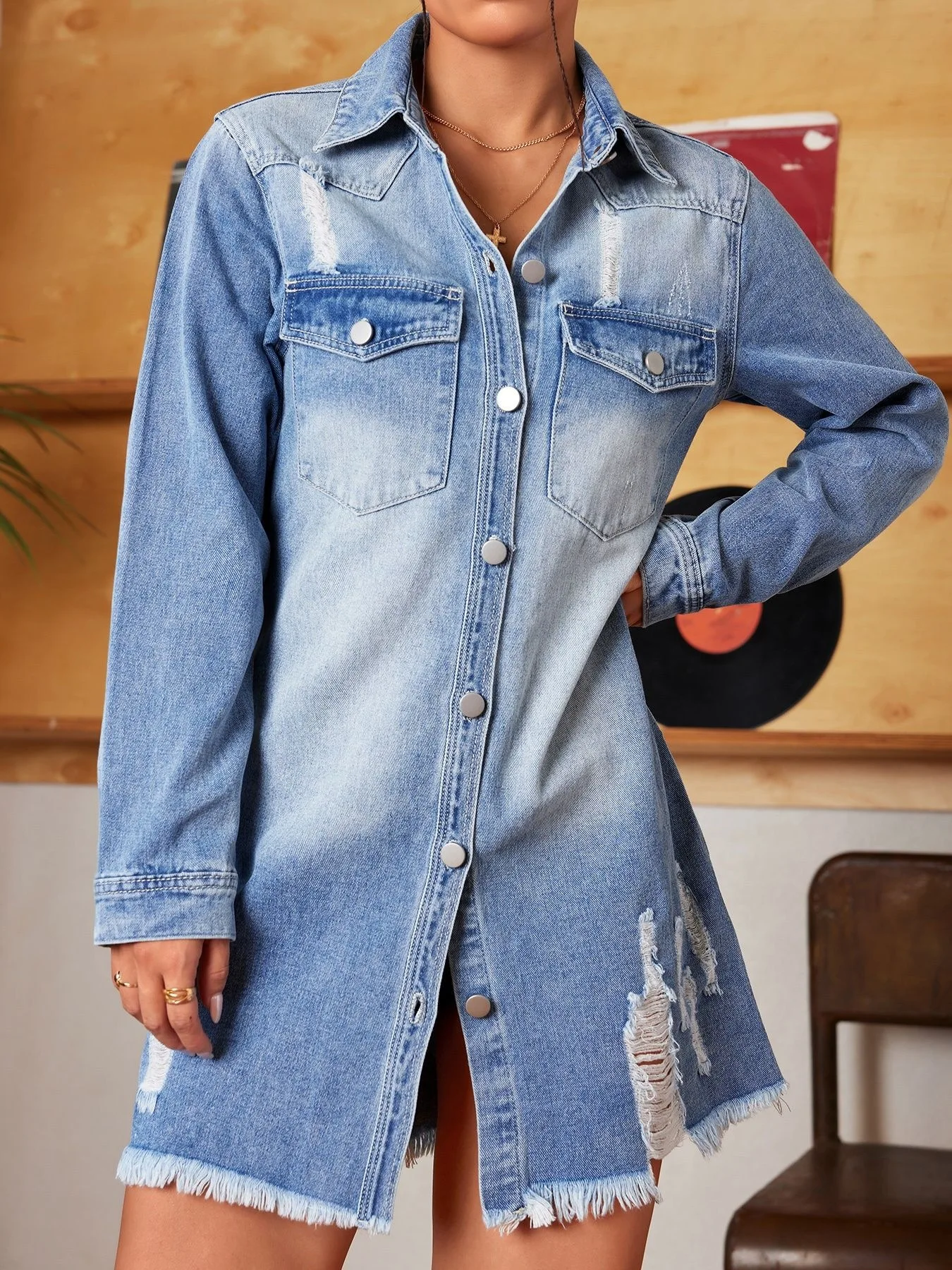 Women's Elegant Casual Ripped Denim Jacket American Streetwear Autumn/Winter New Arrivals Versatile Simple Stylish Outerwear