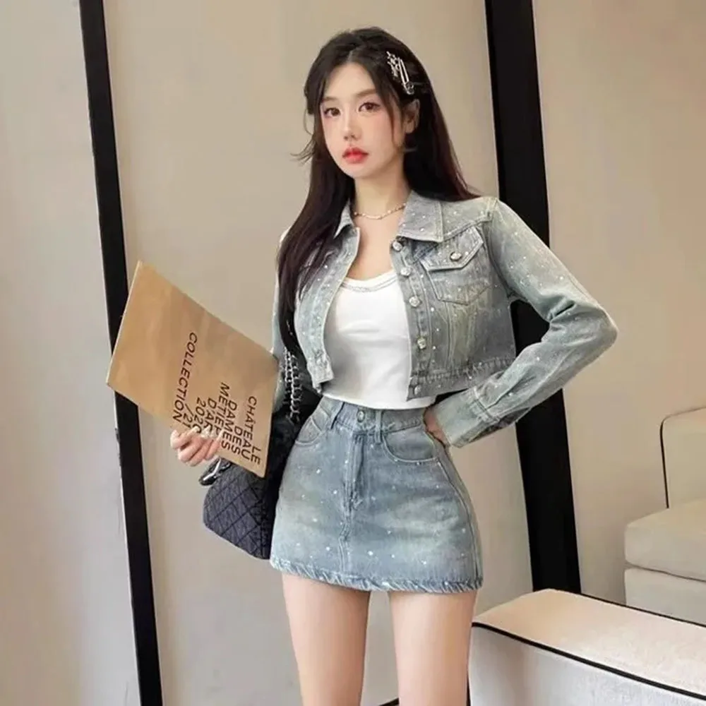 Korean Fashion Diamond Temperament Denim Jacket A-line Skirt Two-piece Set Women Sweet Lapel Solid Spring College Chic Lady Suit