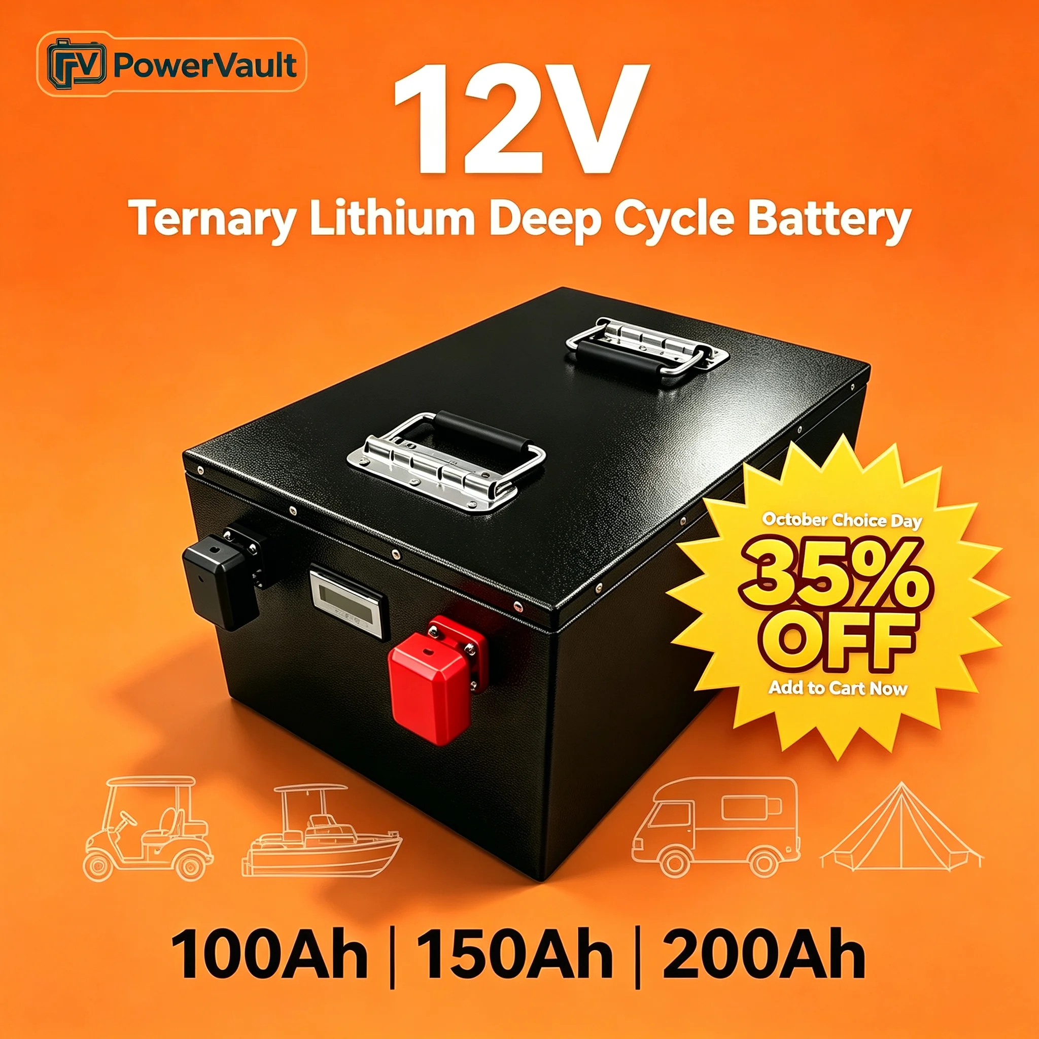 12V 100-250Ah Ternary Lithium Deep Cycle Battery Built-in Smart BMS Rechargeable for Solar RV Camping Marine Golf 1-2KW Inverter