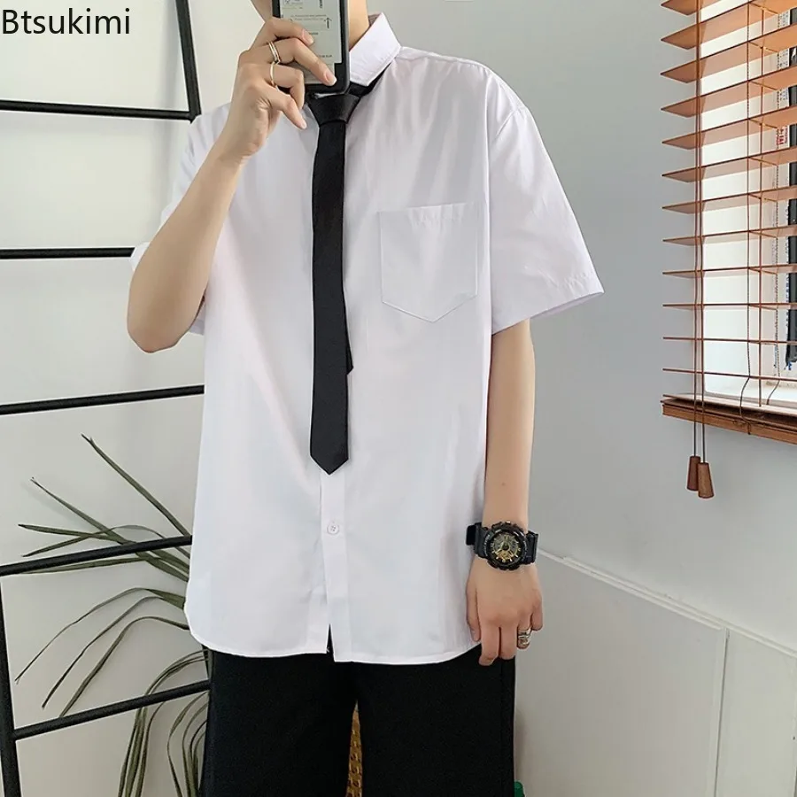 Verão casual moda camisas brancas para homens estilo coreano solto manga curta camisetas clássico diário estudante uniforme workwear masculino