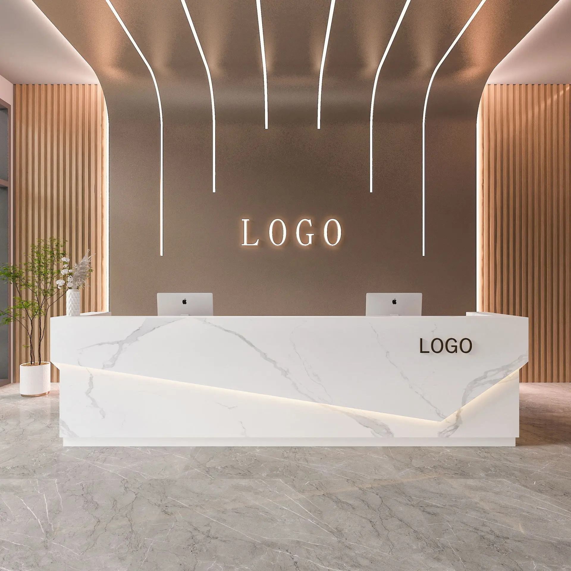 LED Grey Reception Desk I Shape Front Desk Reception Counter Customized Special Style  Company Desk for Sale