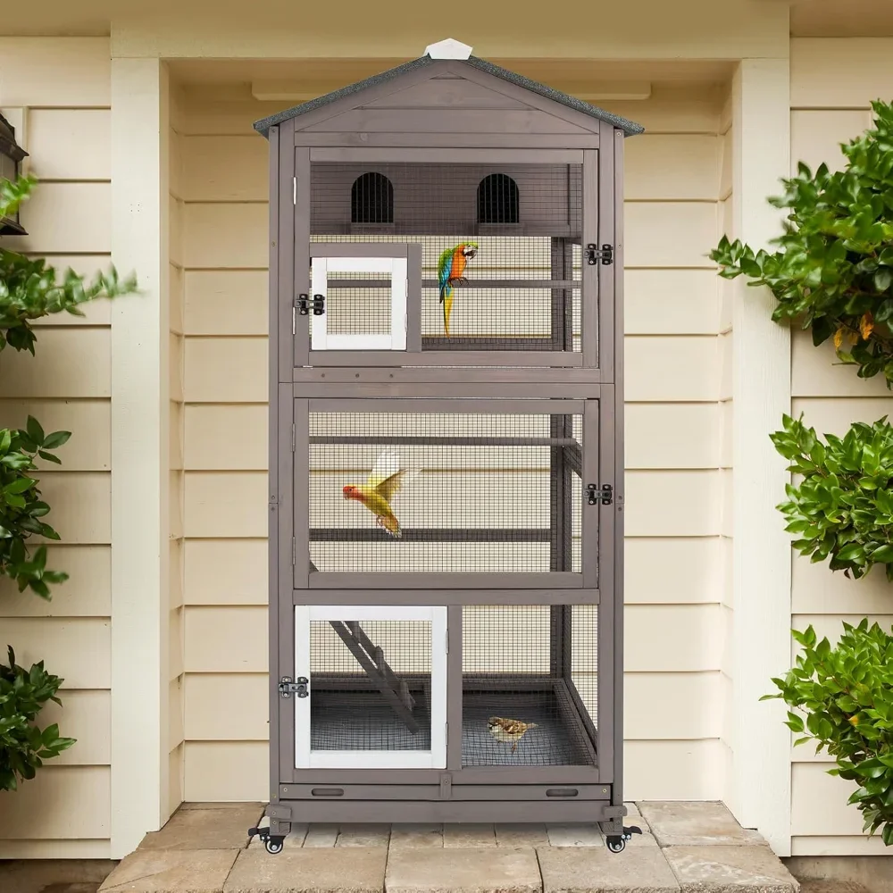 

Outdoor Bird Aviary Indoor Wooden Large Bird Cage Parakeet Cage on Wheels,Removable Wire Netting Slide Pull Out Tray,