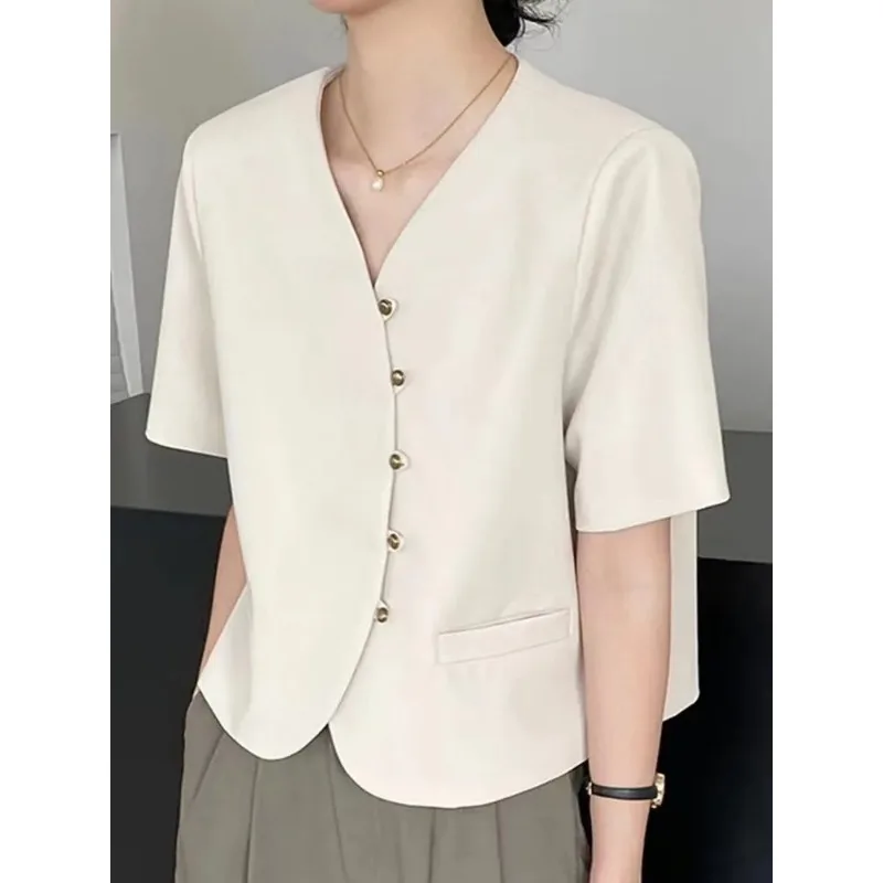 

Short-sleeved Small Suit Jacket for Women Casual Loose Thin Suit for Small People Versatile French Top with Design