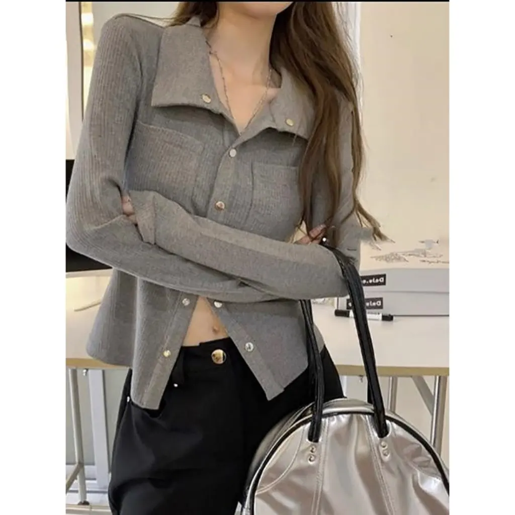 

Women's Slim Fit Polo Collar Long Sleeve T-Shirt Pure Color Autumn New Design Base Layer Inner Top for Hot Girls