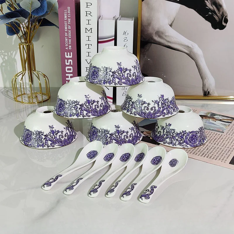 

6 Bowls and 6 Spoons European-Style High-End Bone China Palace Style Series Soup Bowl Rice Bowl Soup Spoon Gift Box Home