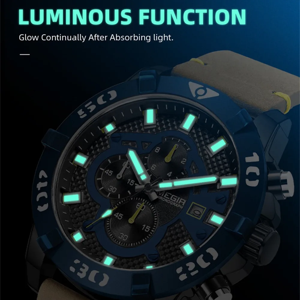MEGIR ساعات رجالية موضة الطلب الكبير الرياضة كوارتز ساعة اليد مقاوم للماء مضيئة الذكور عادية ساعة كرونوغراف Montre أوم 2136 #5