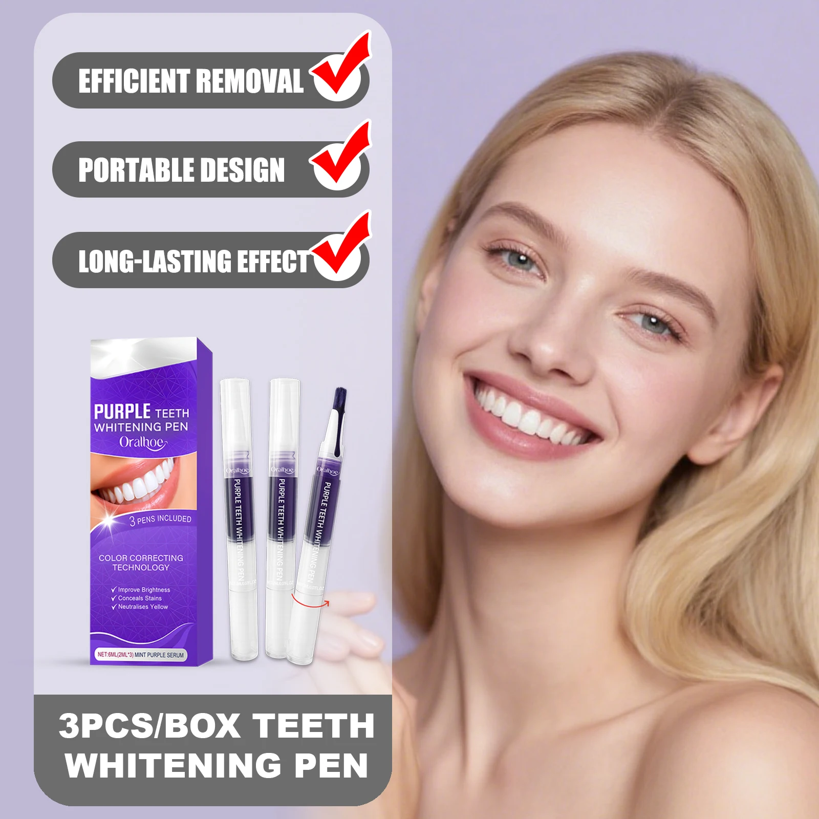 ORALHOE 3 قطعة/صندوق قلم تبييض الأسنان إزالة البقع الفعالة تصميم محمول سهل الاستخدام تركيبة خفيفة تأثير سريع طويل الأمد