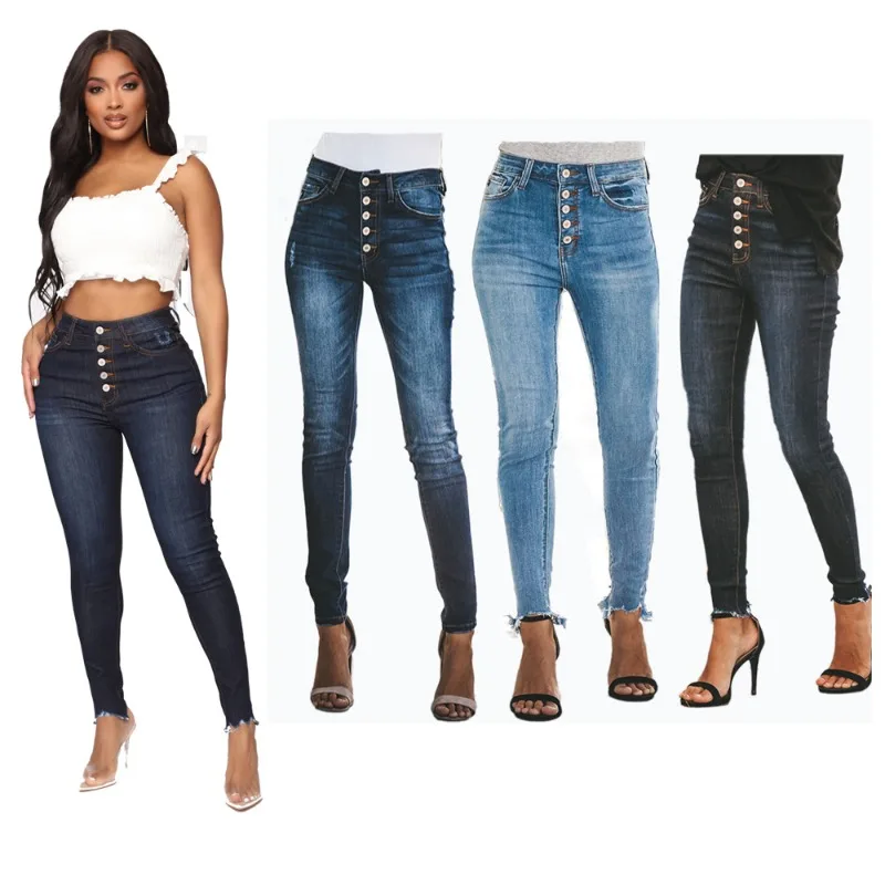

The New Spring Style of European and American Export Slim-fit High-waisted 5-button Elastic Skinny Pants Have Holes At The Hem