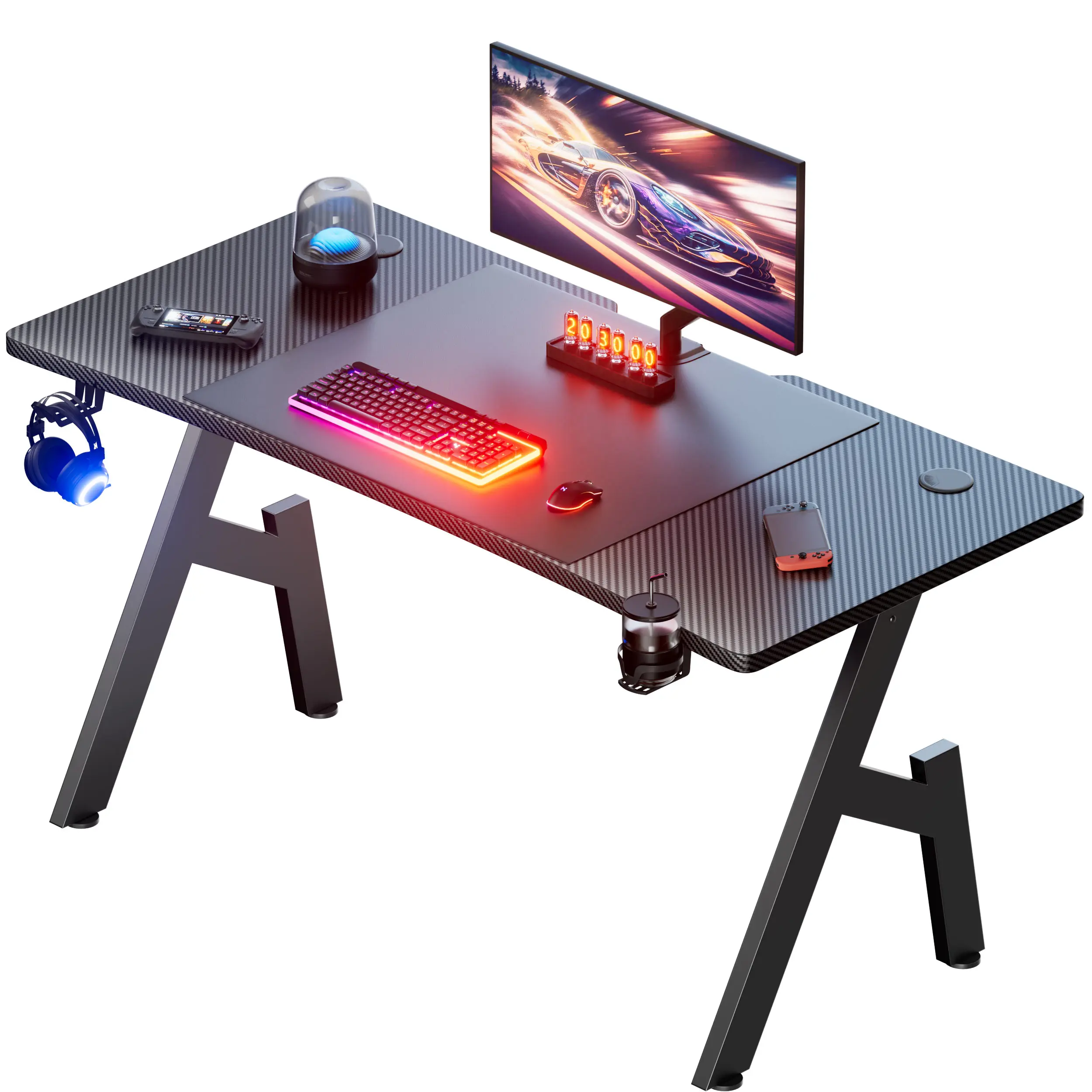 80/100/120/140cm Gaming Desk, A-Shaped Office Desk with Cup Holder Headphone, Modern Carbon Fiber Mesa Gamer for Home Office