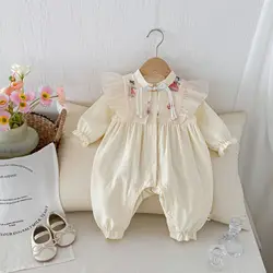 autumn Newborn Infant Baby Girls Retro Romper Muslin Long sleeve Hanfu Rompers Kids Onepiece Fashion Baby Clothing