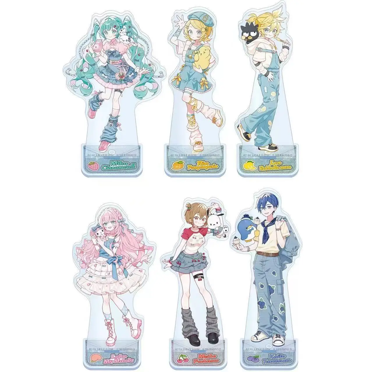 3 piezas de personajes Piapro, versión Sanrio. Soporte acrílico mini de Acg con figuras de Kagamine Rin, Pudding Dog, Miku y Cinnamoroll, tipo placa de exhibición, juguetes