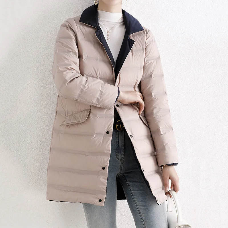 Autumn Winter Reversible Down Jacket Women Warm Light Thin White Duck Down Coat Parka Female Single-breasted Midi Long Outwears