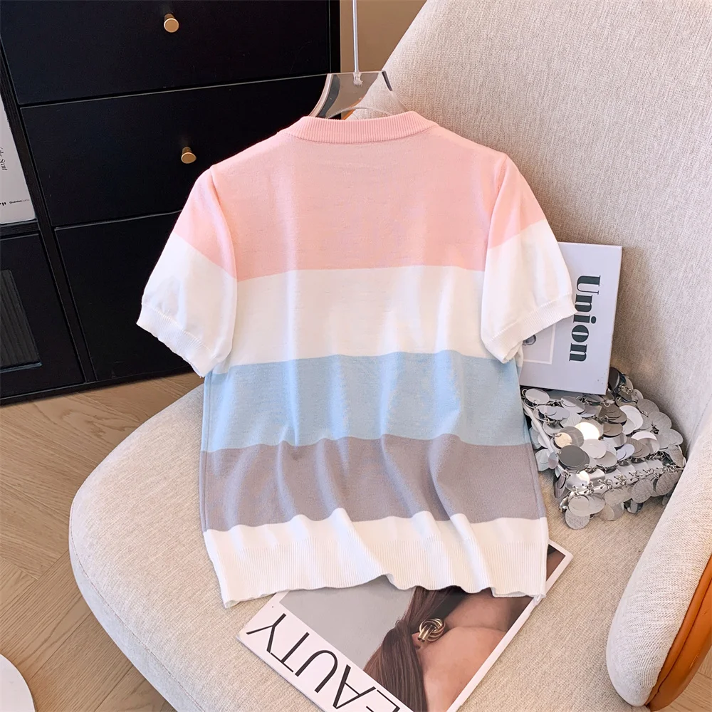 Shiny Knit Sweater Women T-shirt Pullovers Stylish Elegant Fashion Chic Tees Tops 2024 Summer Short Sleeve Knitwear