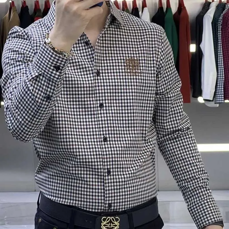 

Мужская модная рубашка в клетку с длинным рукавом, вышивкой, на флисовой подкладке, с воротником-стойкой, осенне-зимняя, новая модель, повседневная одежда