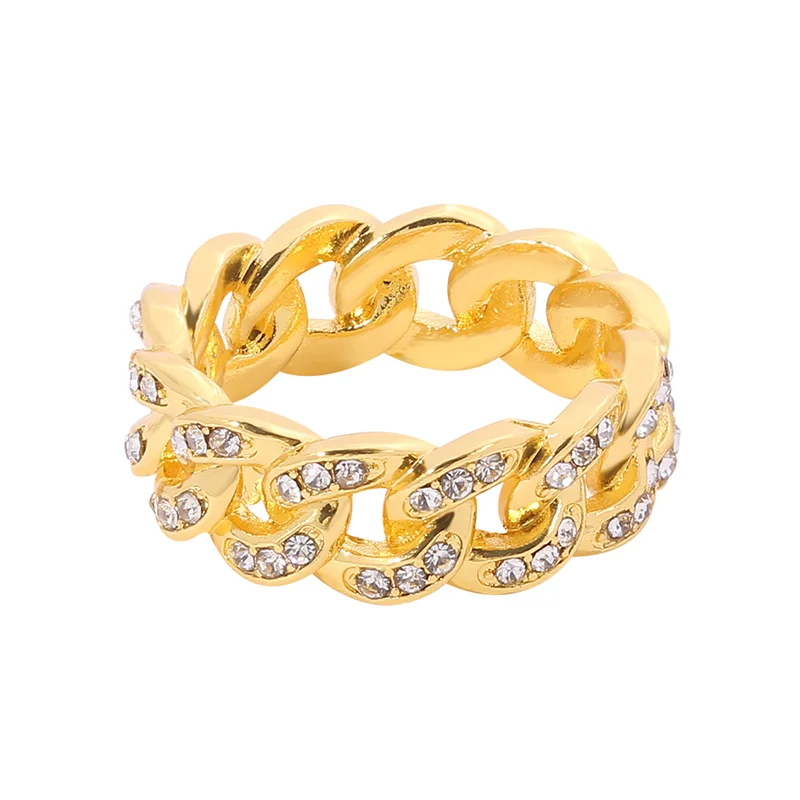 Gold Color Zircon Cuban Link Ring Hip Hop Style for Women And Men Fashion Hippie Jewelry Finger Accessory Wholesale