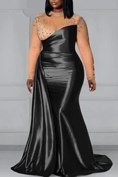 Vestido de noche de talla grande para mujer, vestidos negros de cuello simulado, manga larga, sirena de perforación, satén, invitados de boda, cóctel Delgado, Maxi