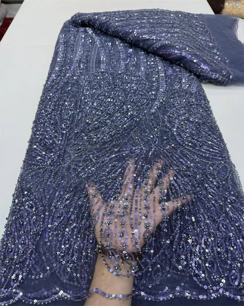 

Luxury African Sequins Beaded Lace Fabric High-Quality Nigerian Wedding Bridal Embroidery French Tulle for Groom Sewing