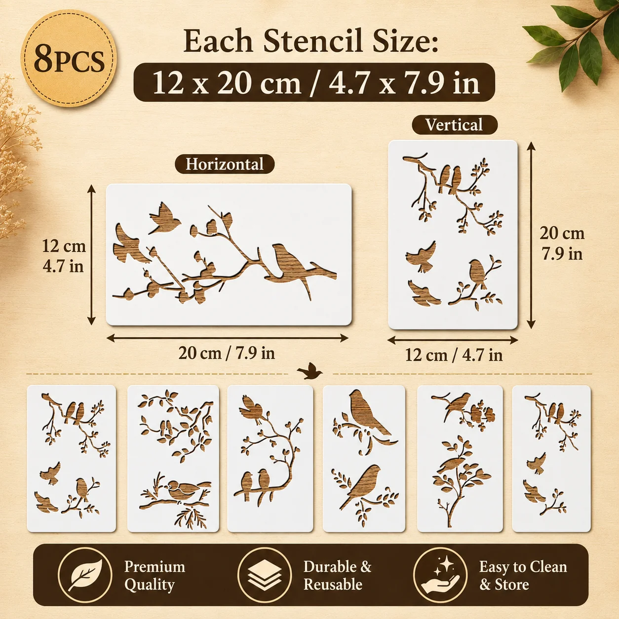 8PCS 4.7 x 7.9 in Bird Branch Stencils Reusable Nature Painting Templates for DIY Wall Canvas Fabric Decor