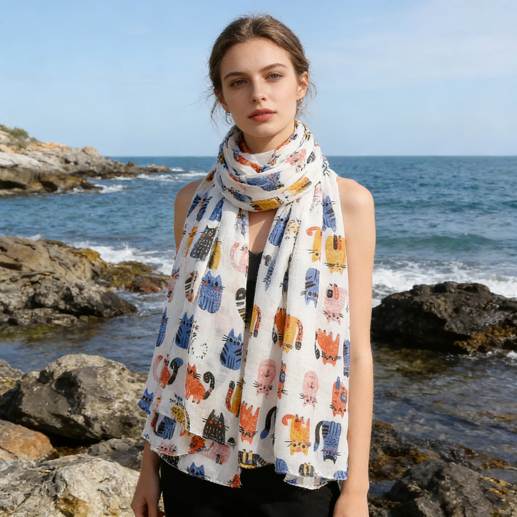 Women's Cartoon Cat Print Scarf, Lightweight Breathable Polyester Neck Scarf, 88x180cm Large Decorative Shawl, Playful Fringed B