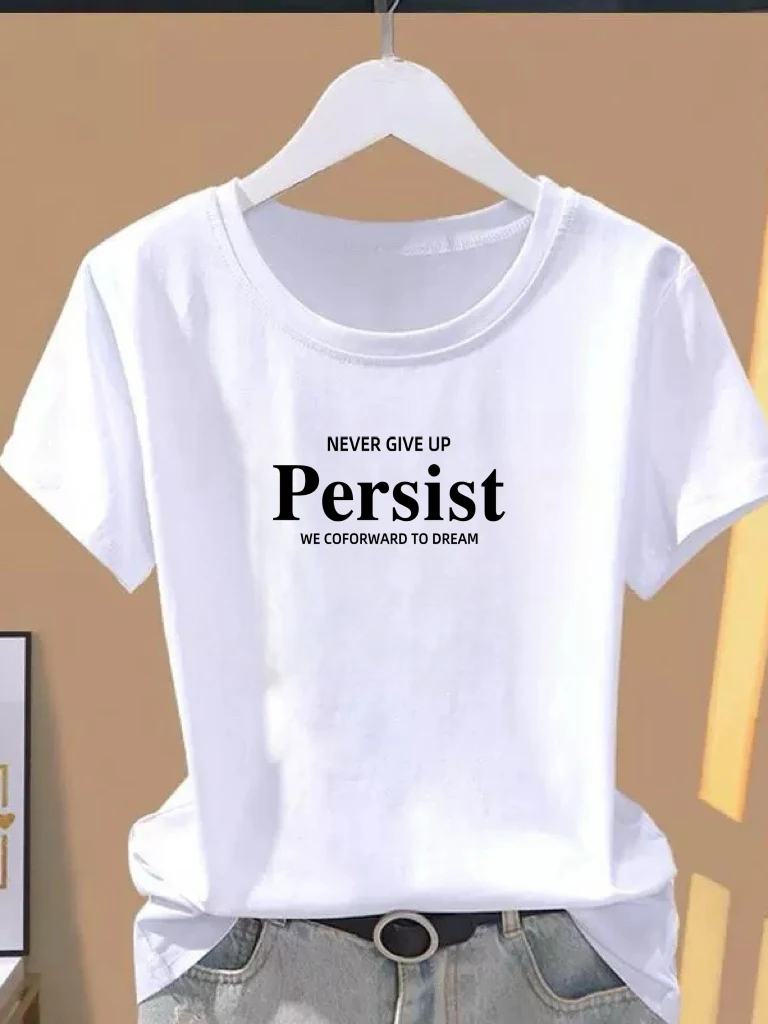

Casual Style Women's Short Sleeve T-Shirt Letter Print Loose round Neck Slimming Age-Defying Versatile Top Polyester Fiber