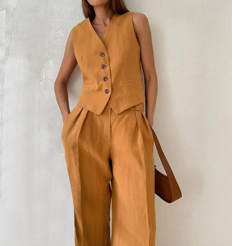 

Women's Urban Style Suits 2024 Summer Autumn Latest Fashion Solid Color Cotton Linen Commuting V-Neck Vest Pants Two-Piece Set