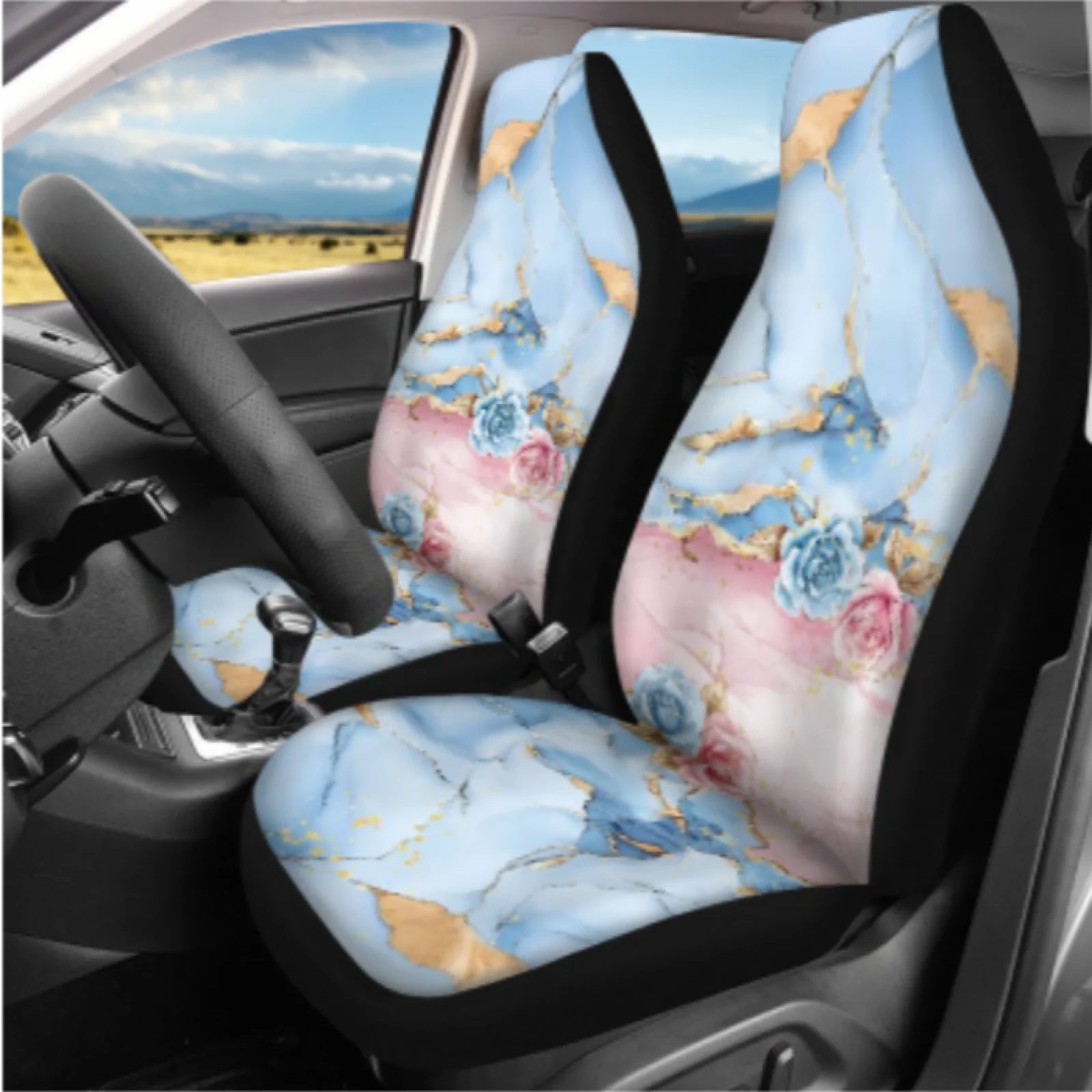 Coloranimal Marble Rose Print 14 Pcs Car Accessories Set with Durable Steering Wheel Cover and Seat Belt Shoulder Pad for Auto