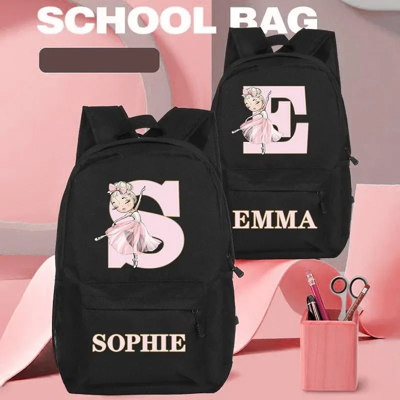 Girls Personalised Ballerina Printed Backpack Dancer Letter Design Girls Nursery Child Pre School Rucksack School Bag Backpack