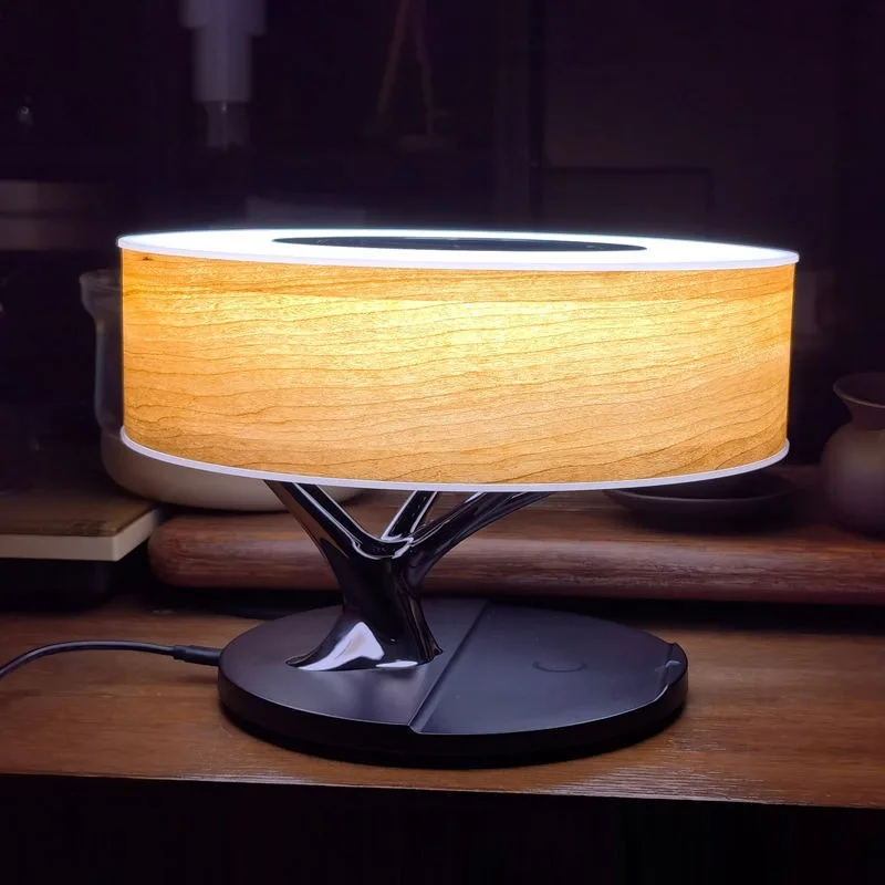 

Bluetooth-колонка с LED-подсветкой, многофункциональная умная настольная лампа из массива дерева, беспроводная зарядка, ночник с защитой для глаз