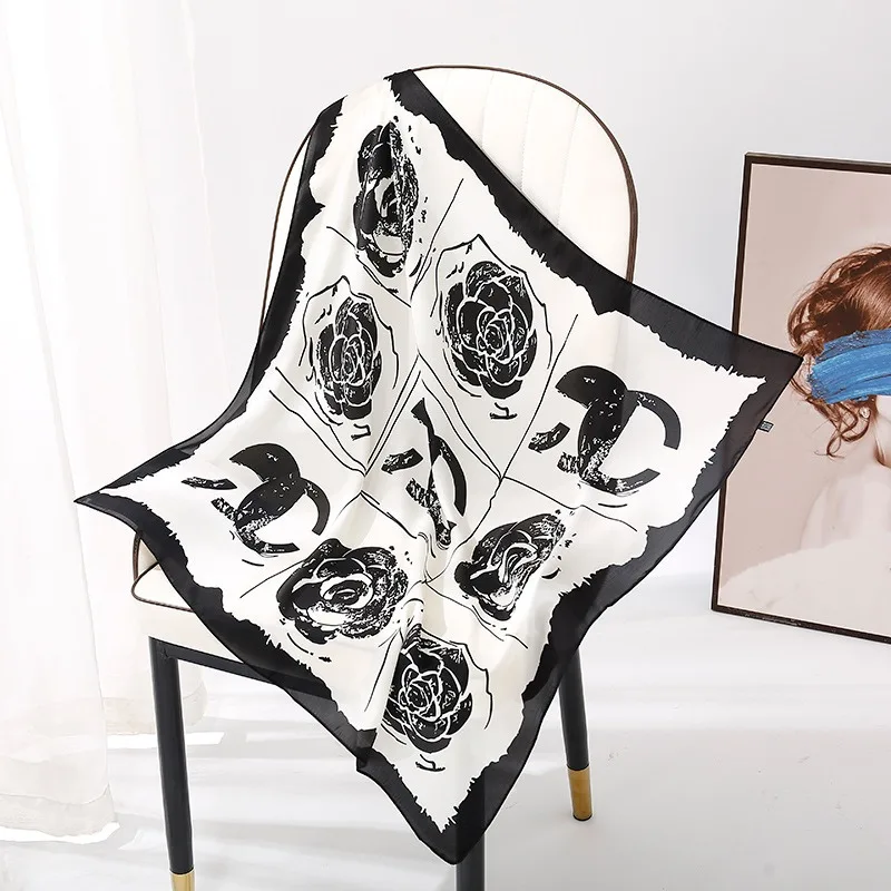 1pcs 70cmC Letter Rose Printed Silk Scarf Women Thin Silk Scarfs High-end Fashion Versatile Clothing Bags Headgear Square Scarf