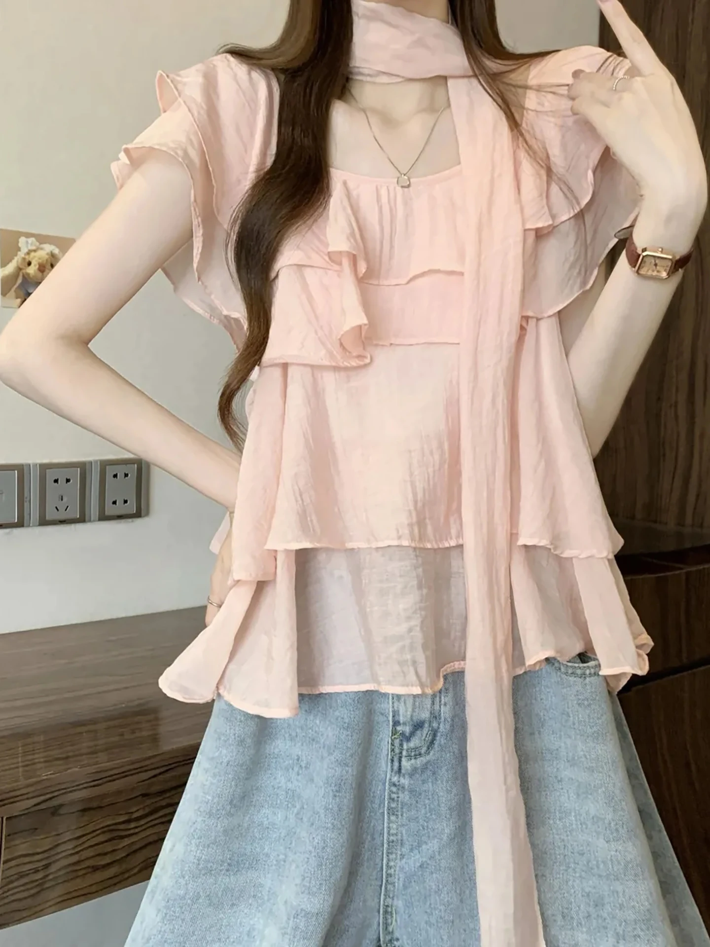 

Pink Ruffle Sleeve Short Shirt Women's Summer New Sweet Style High Quality Fashion Top Loose Fit Sweet Style Fashionable Blouse