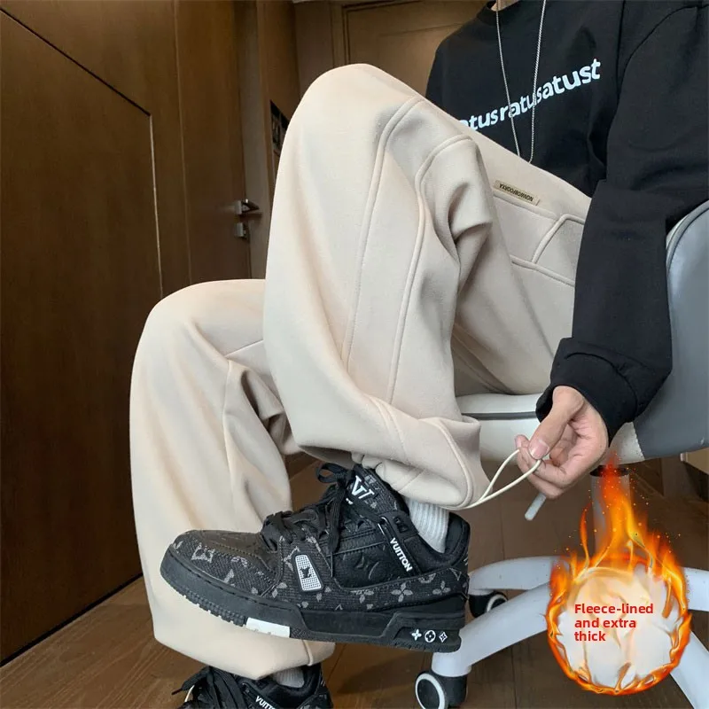 

Мужские повседневные спортивные брюки на флисовой подкладке, утепленные, свободного кроя, в американском ретро-стиле, зимние, модные, брендовые, длинные брюки