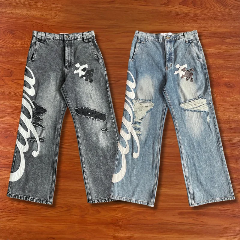 

Project Capri Leather Jeans Distressed High Street Embroidered Women Men Casual Denim Pants